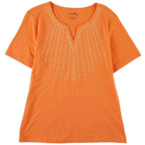 Coral Bay Womens Embroidered Split Neck Short Sleeve
