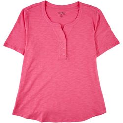 Coral Bay Womens Solid Henley Short Sleeve Top