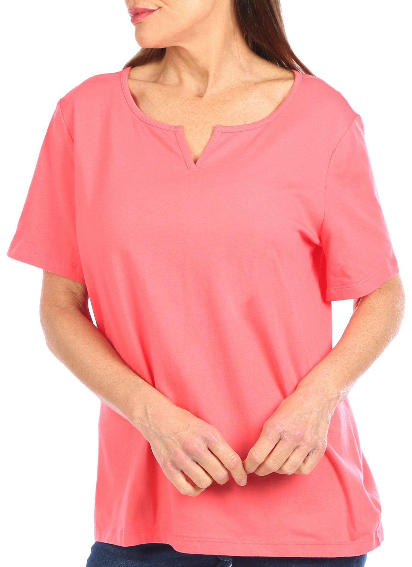 Coral Bay Womens Solid Split Neck Short Sleeve Top