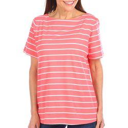 Coral Bay Womens Stripes Boat Neck Short Sleeve Top