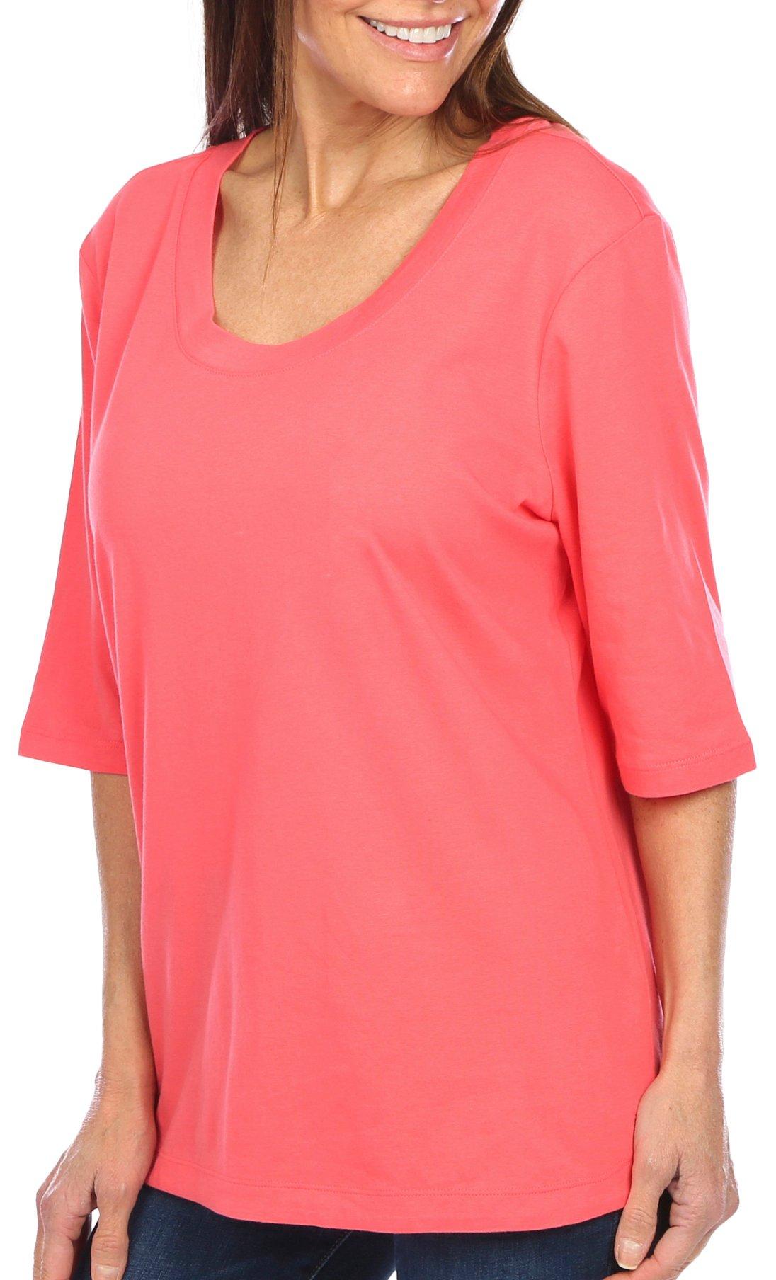 Womens Solid Elbow Short Sleeve Top