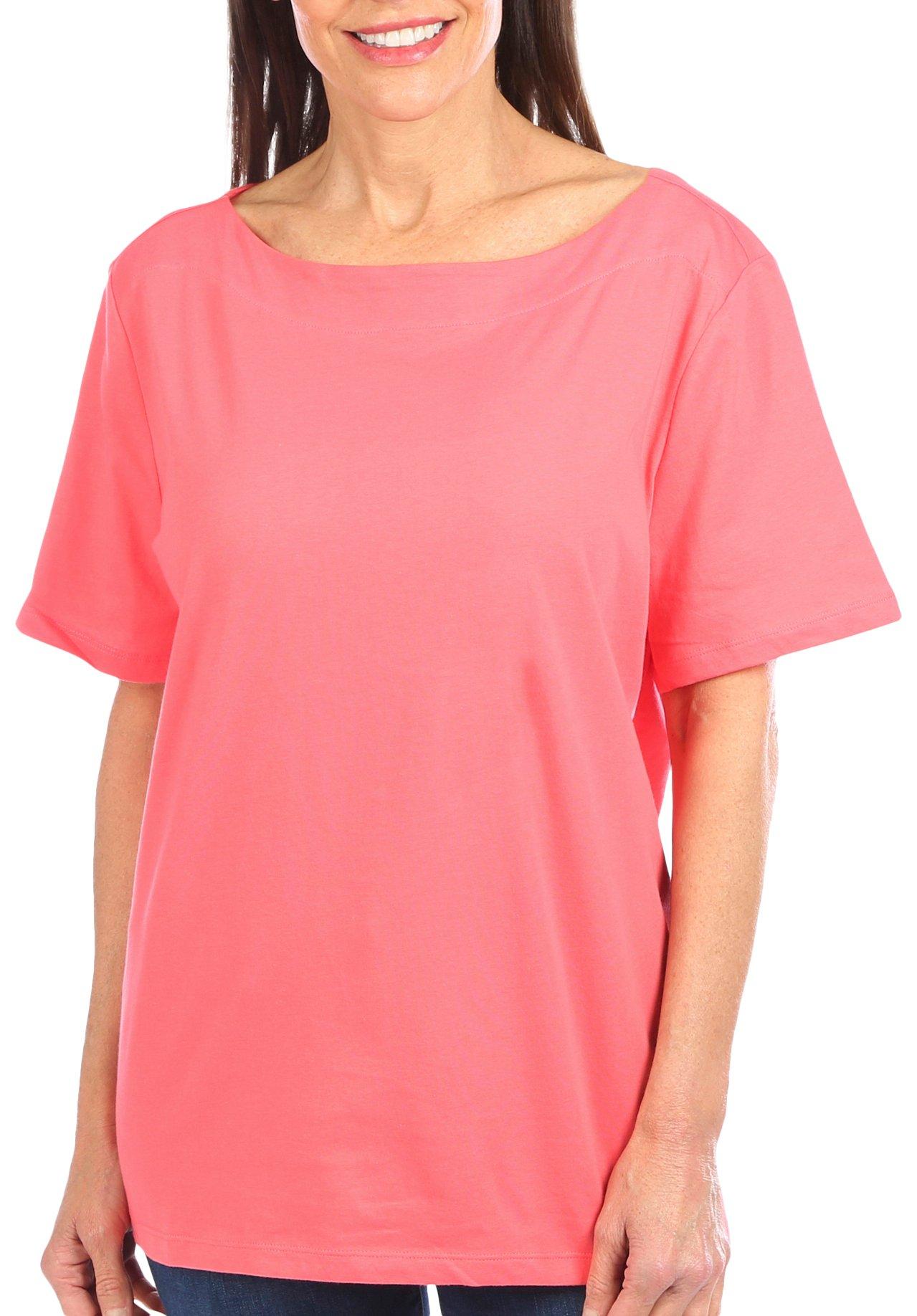 Coral Bay Womens Solid Boat Neck Short Sleeve Top