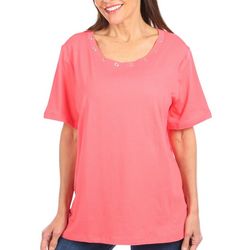 Coral Bay Womens Solid Grommet Round Neck Short Sleeve Top