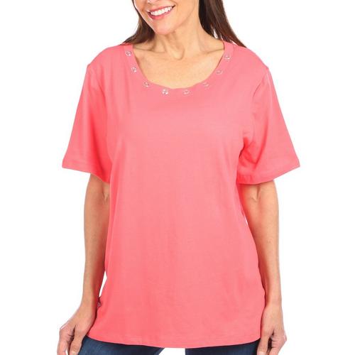 Coral Bay Womens Solid Grommet Round Neck Short