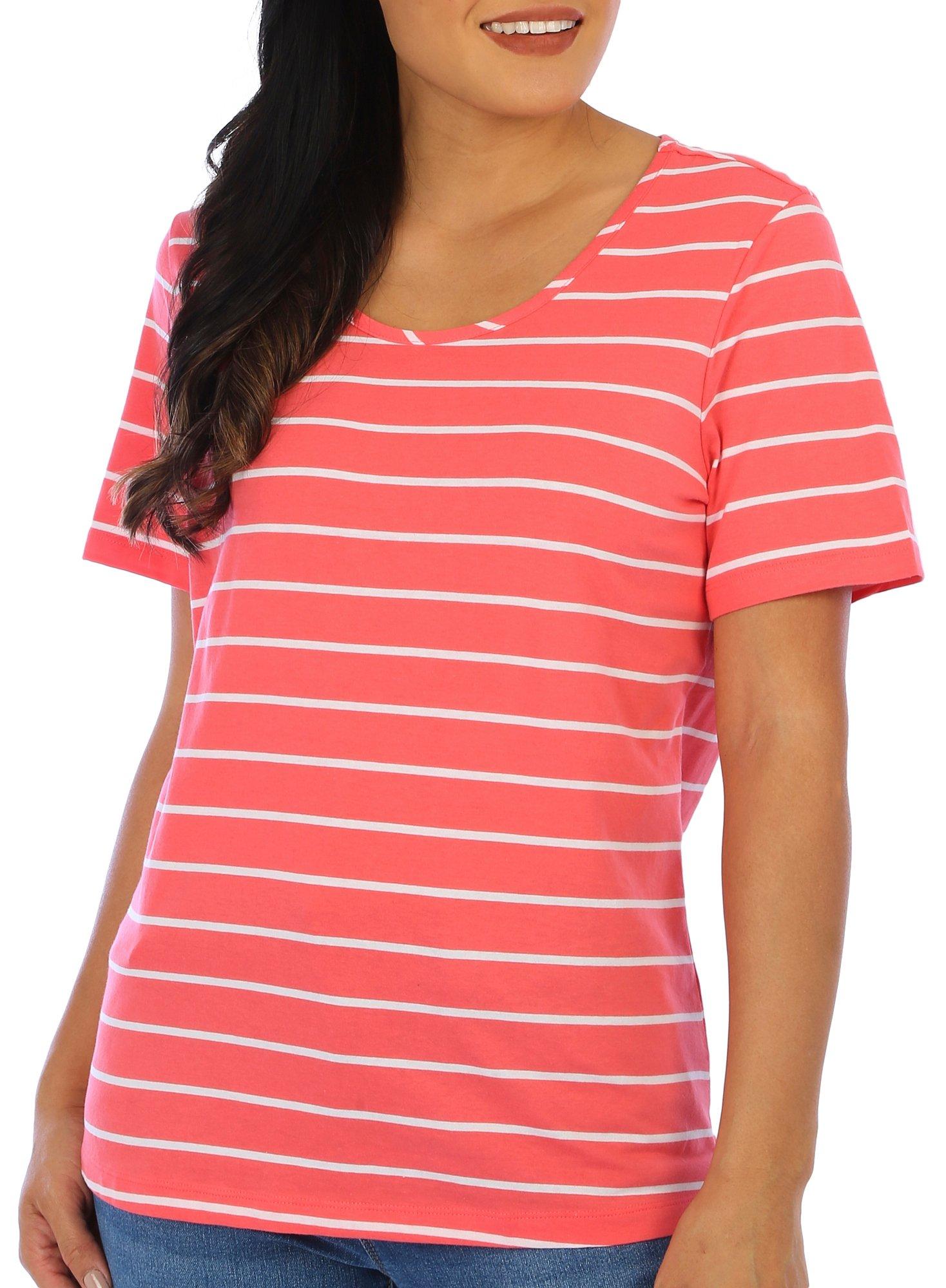 Coral Bay Womens Stripe Round Neck Short Sleeve Top