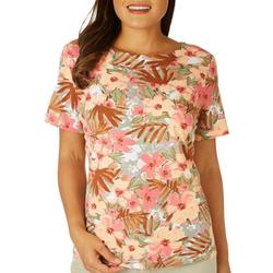 Womens Scalloped Tropical Short Sleeve Top