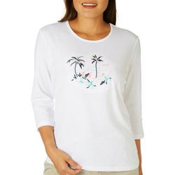 Womens Embroidered Resort Scoop Neck 3/4 Sleeve Top