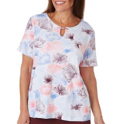 Coral Bay Womens Floral Split Bar Neck Short Sleeve Top