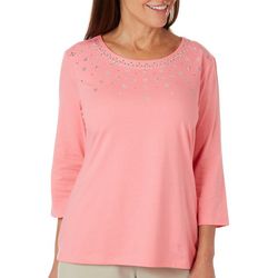 Coral Bay Womens Embellished Wide Scoop Neck 3/4 Sleeve Top