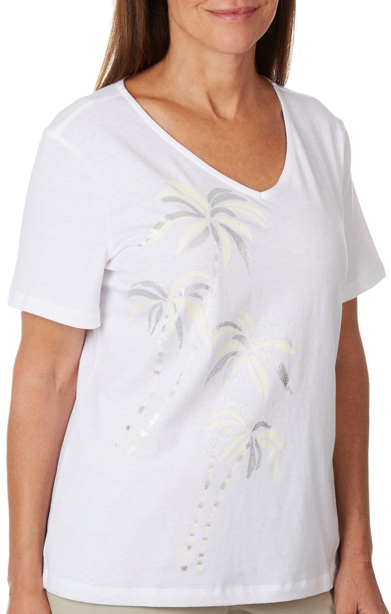 Womens Party Palms Tree V Neck Short Sleeve Top