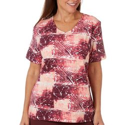 Coral Bay Womens Graphic V Neck Button Short Sleeve Top