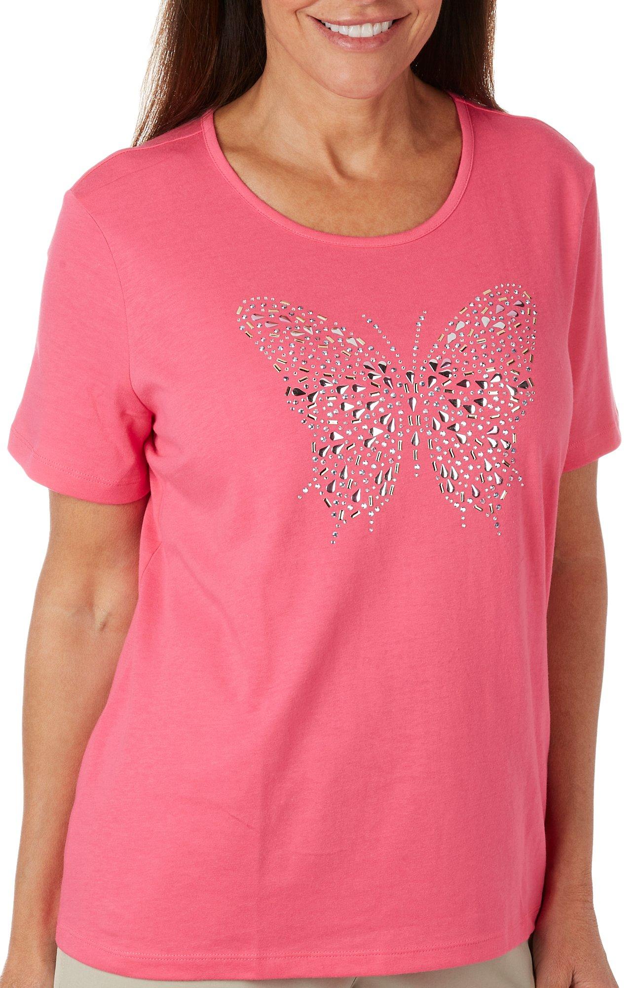 Womens Solid Jeweled Butterfly Scoop Neck Short Sleeve Top