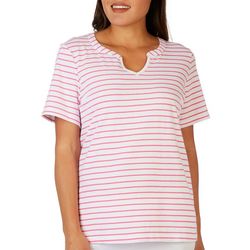 Coral Bay Womens Striped Notched Neckline Short Sleeve Top