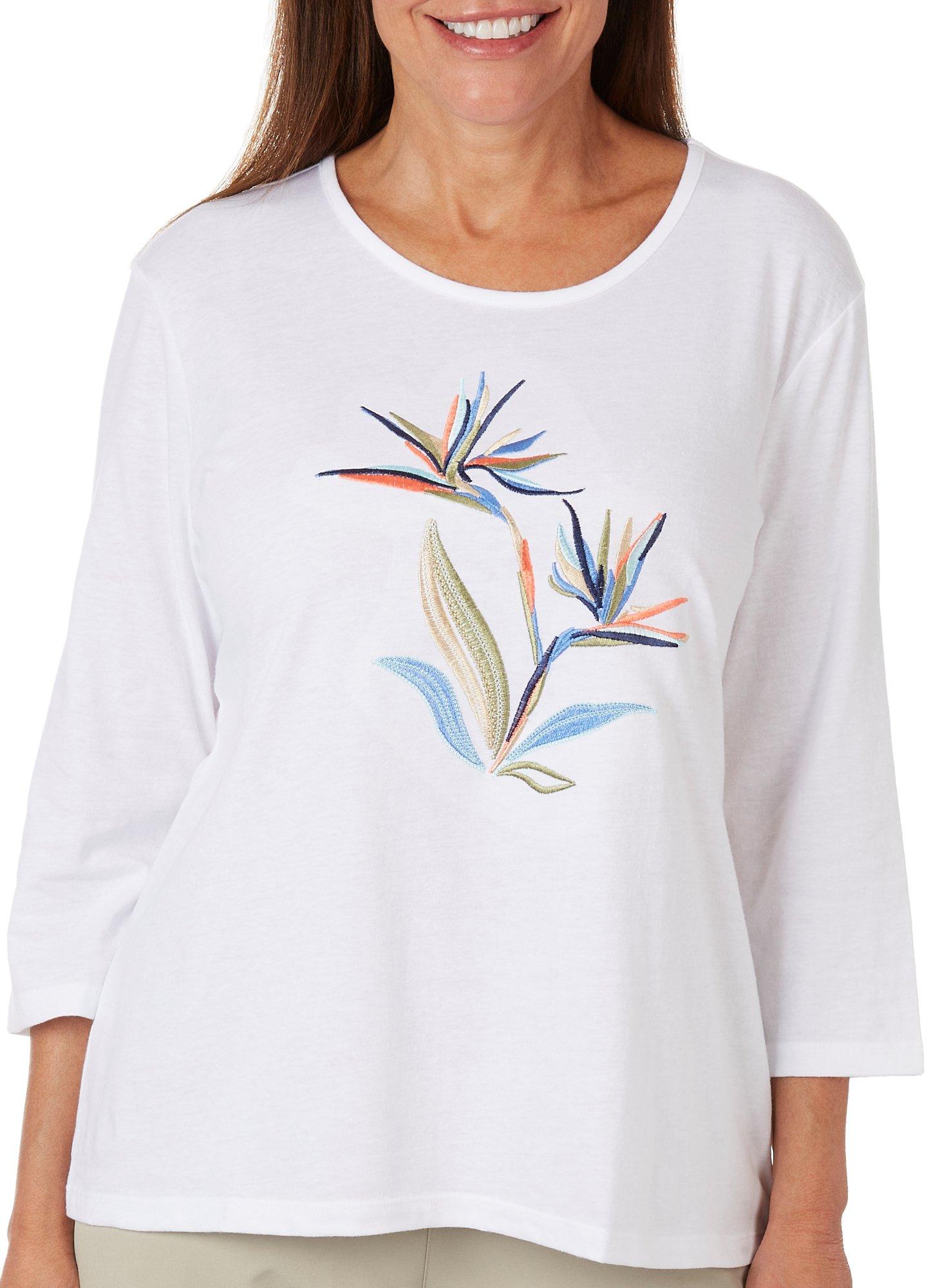 Coral Bay Womens Bird Of Paradise Embroidered 3/4 Sleeve Top