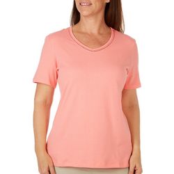Coral Bay Womens Solid V-Neck Short Sleeve Top