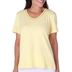 Womens Solid V-Neck Short Sleeve Top