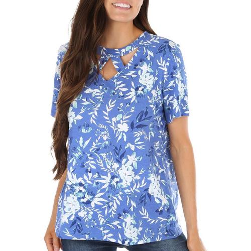 Coral Bay Womens Floral Triple Keyhole Short Sleeve