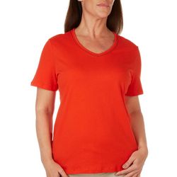 Coral Bay Womens Solid V-Neck Short Sleeve Top
