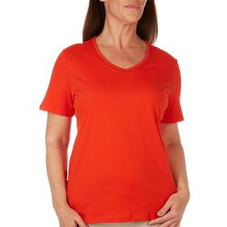 Womens Solid V-Neck Short Sleeve Top