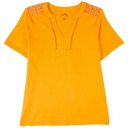 Coral Bay Womens Solid V-Neck Cutout Short Sleeve Top