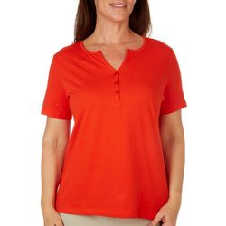 Coral Bay Womens Solid Y Henley Short Sleeve Top