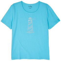 Coral Bay Womens Embellished Lighthouse Short Sleeve Top