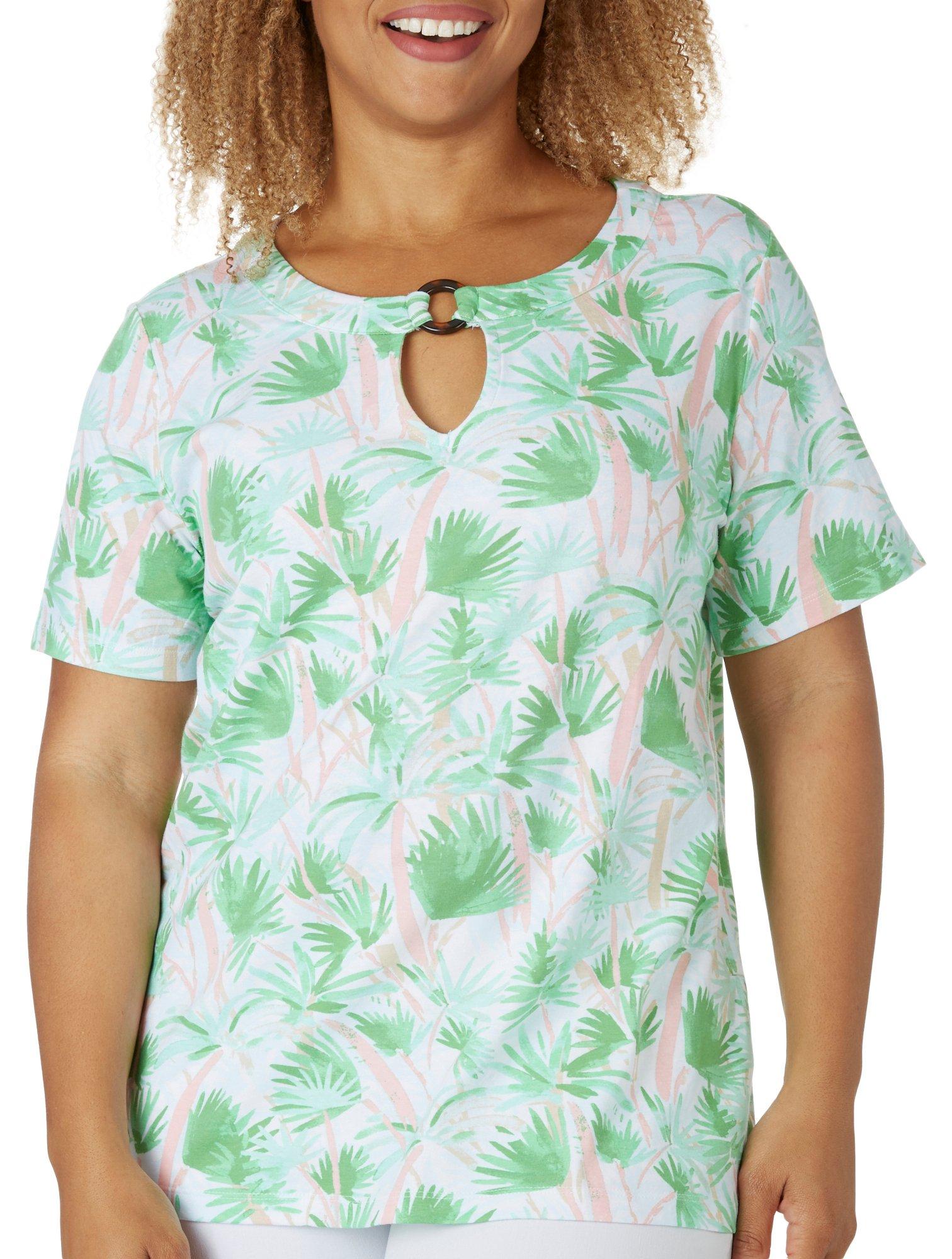 Coral Bay Womens Palm Tree O-Ring Keyhole Short Sleeve Top