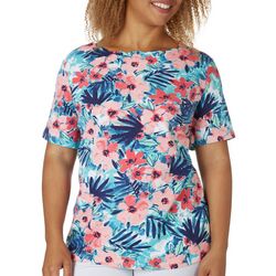 Coral Bay Womens Floral Scallop Neck Short Sleeve Top