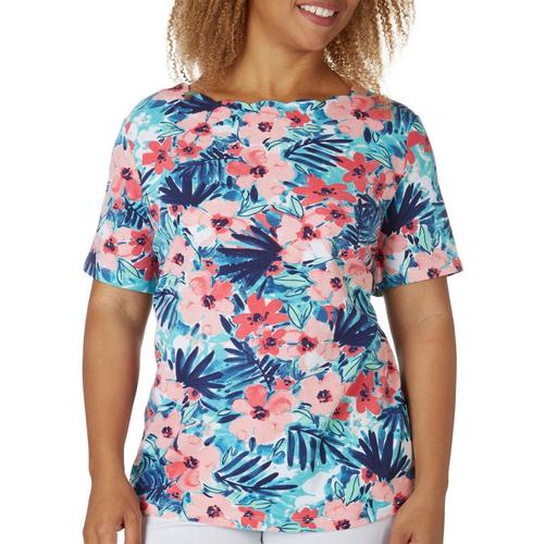 Coral Bay Womens Floral Scallop Neck Short Sleeve