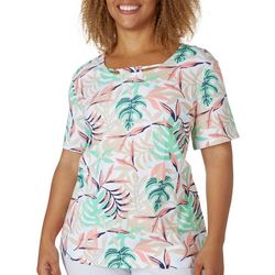 Coral Bay Womens Leaf Print Bar Scoop Neck Short Sleeve Top