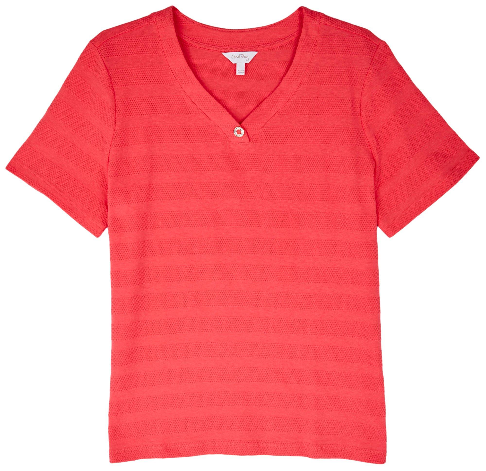 Womens Solid Textured Rhinestone V Neck Short Sleeve Top