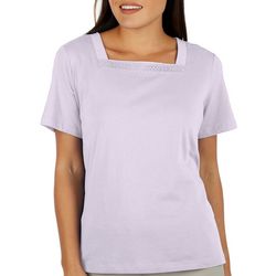 Coral Bay Womens Solid Lace Square Neck Short Sleeve Tee
