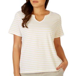 Coral Bay Womens Striped Banded Split Neck Short Sleeve Top