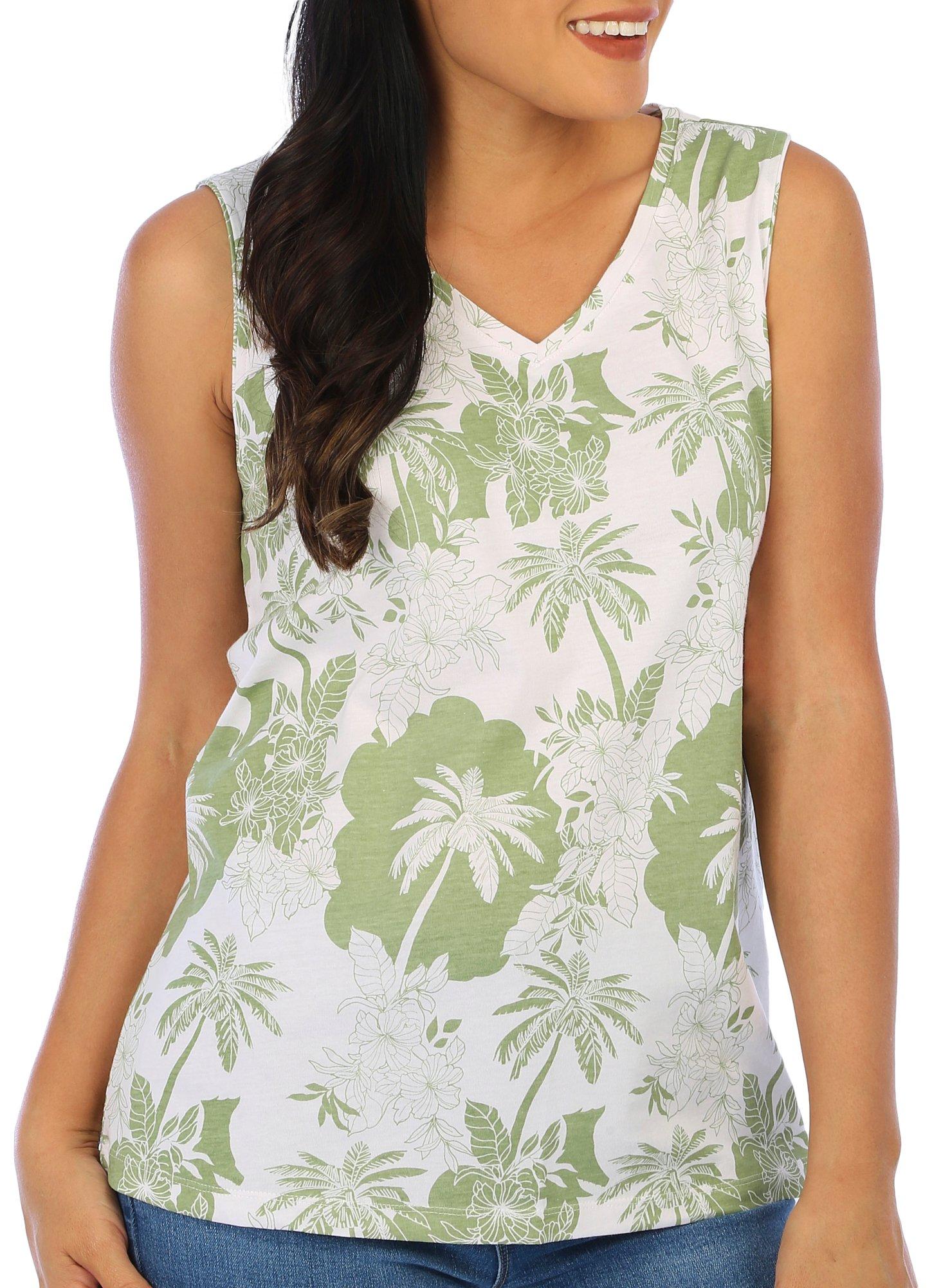 Coral Bay Womens Floral & Palm Print V-Neck Sleeveless Top