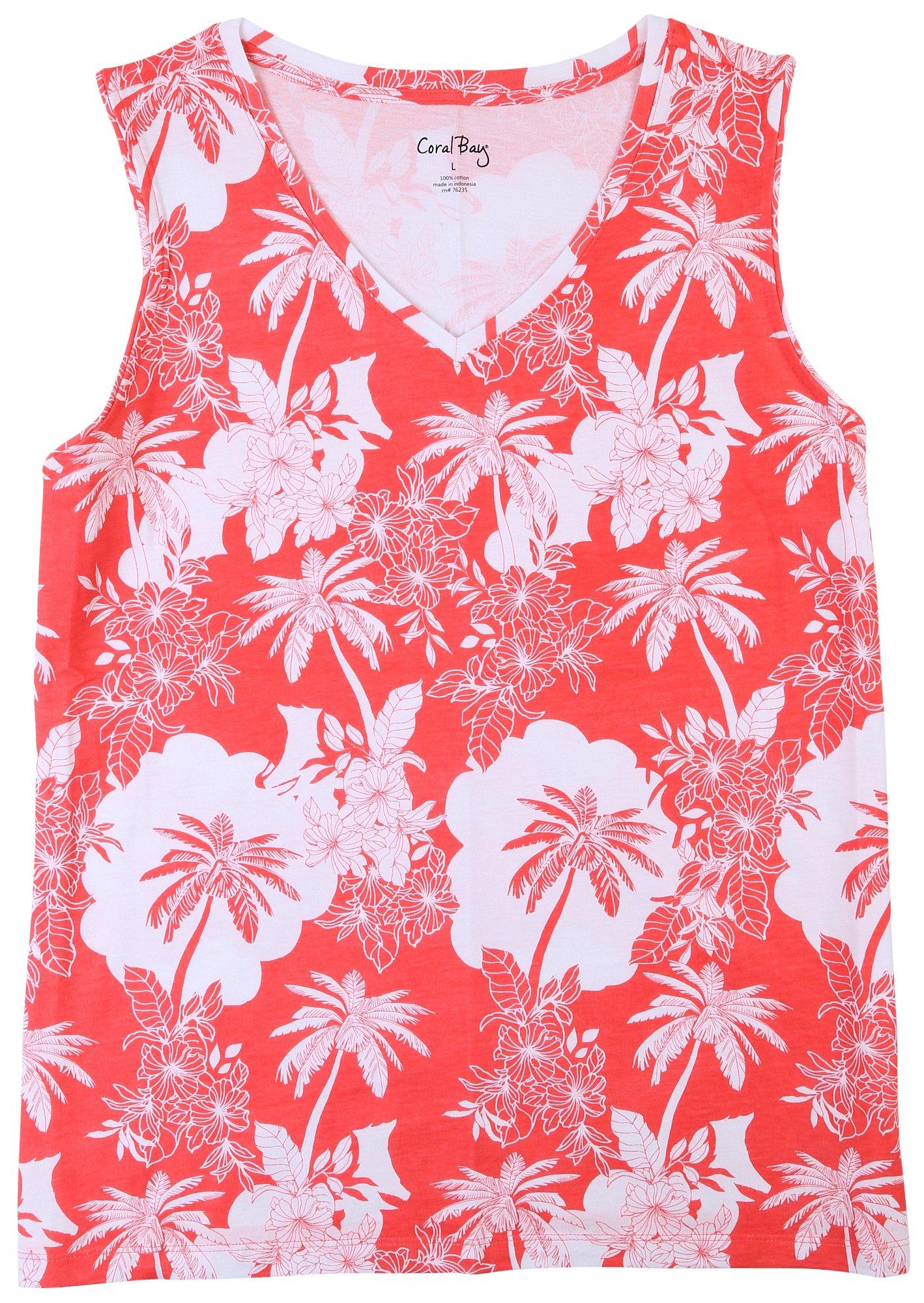 Coral Bay Womens Palm Print V-Neck Tank Top