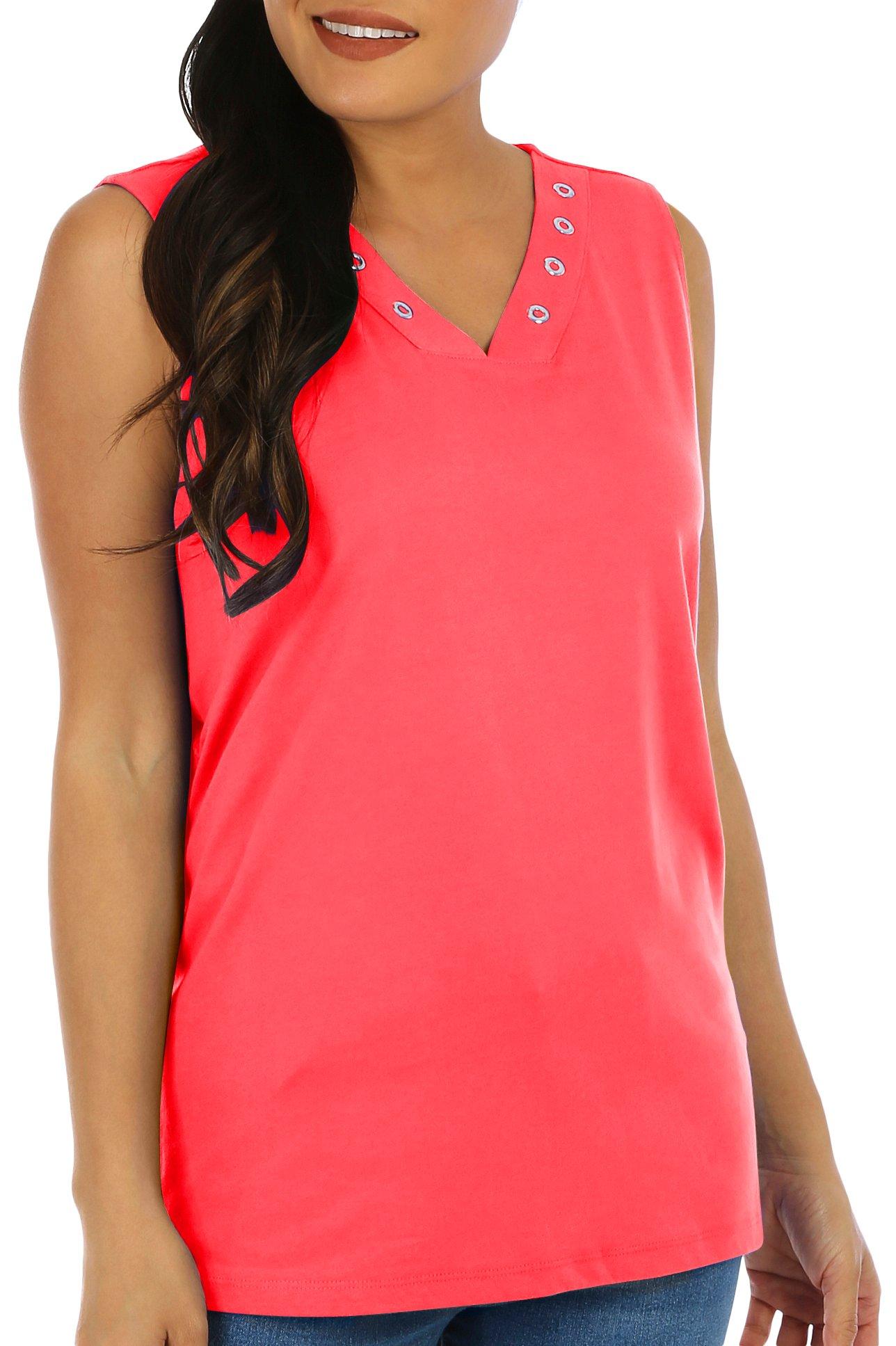 Coral Bay Womens Solid Grommet V-Neck Tank Top