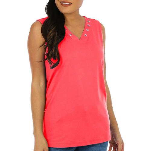 Coral Bay Womens Solid Grommet V-Neck Tank Top