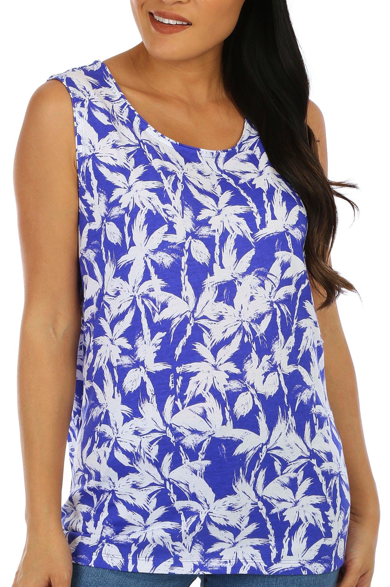 Coral Bay Womens Palm Print Scoop Neck Tank Top