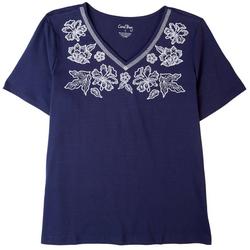 Womens Embroidered V-Neck Short Sleeve Top