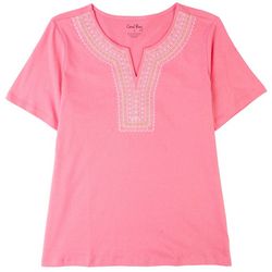 Coral Bay Womens Split Embroidered Short Sleeve Top
