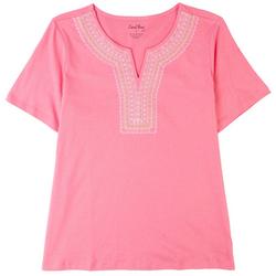 Womens Split Embroidered Short Sleeve Top