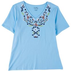 Coral Bay Womens Solid Embroidered Short Sleeve Top