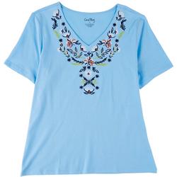 Womens Solid Embroidered Short Sleeve Top