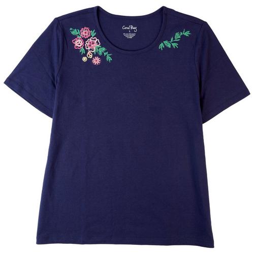 Coral Bay Womens Solid Floral Embroidered Short Sleeve