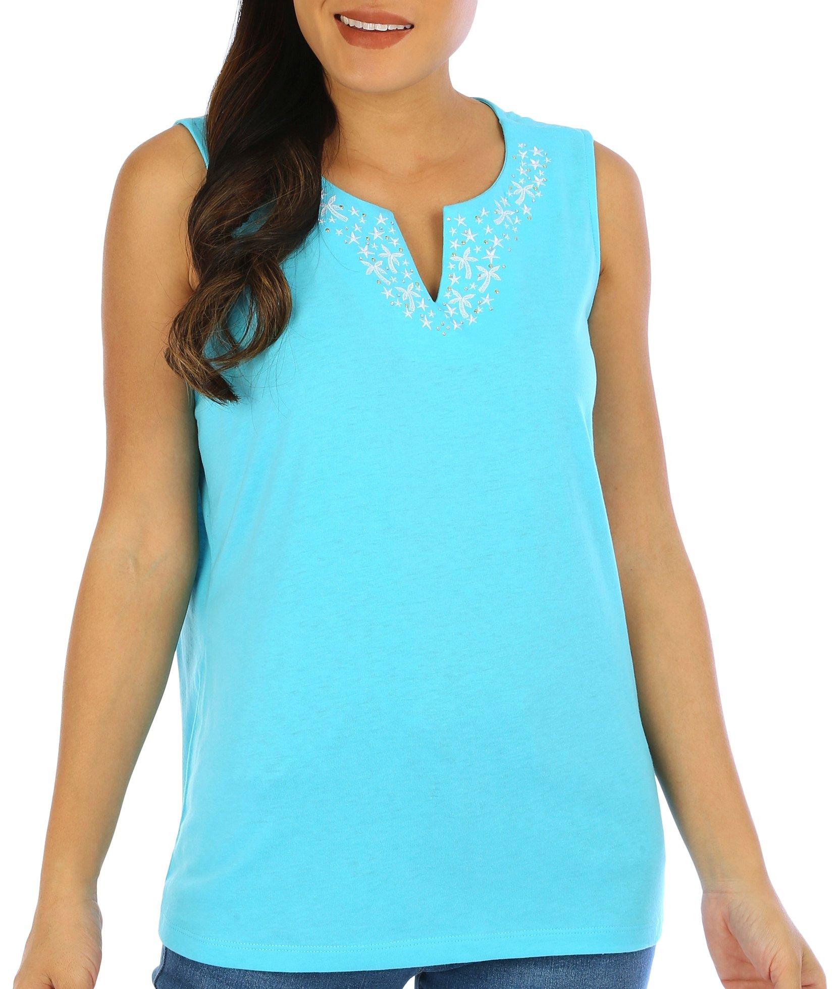 Coral Bay Womens Sleeveless Embroidered Notch Neckline Top