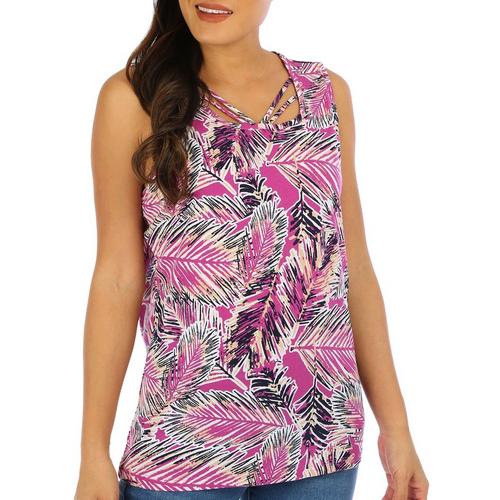 Coral Bay Womens Fronds Print Crisscross Keyhole Top