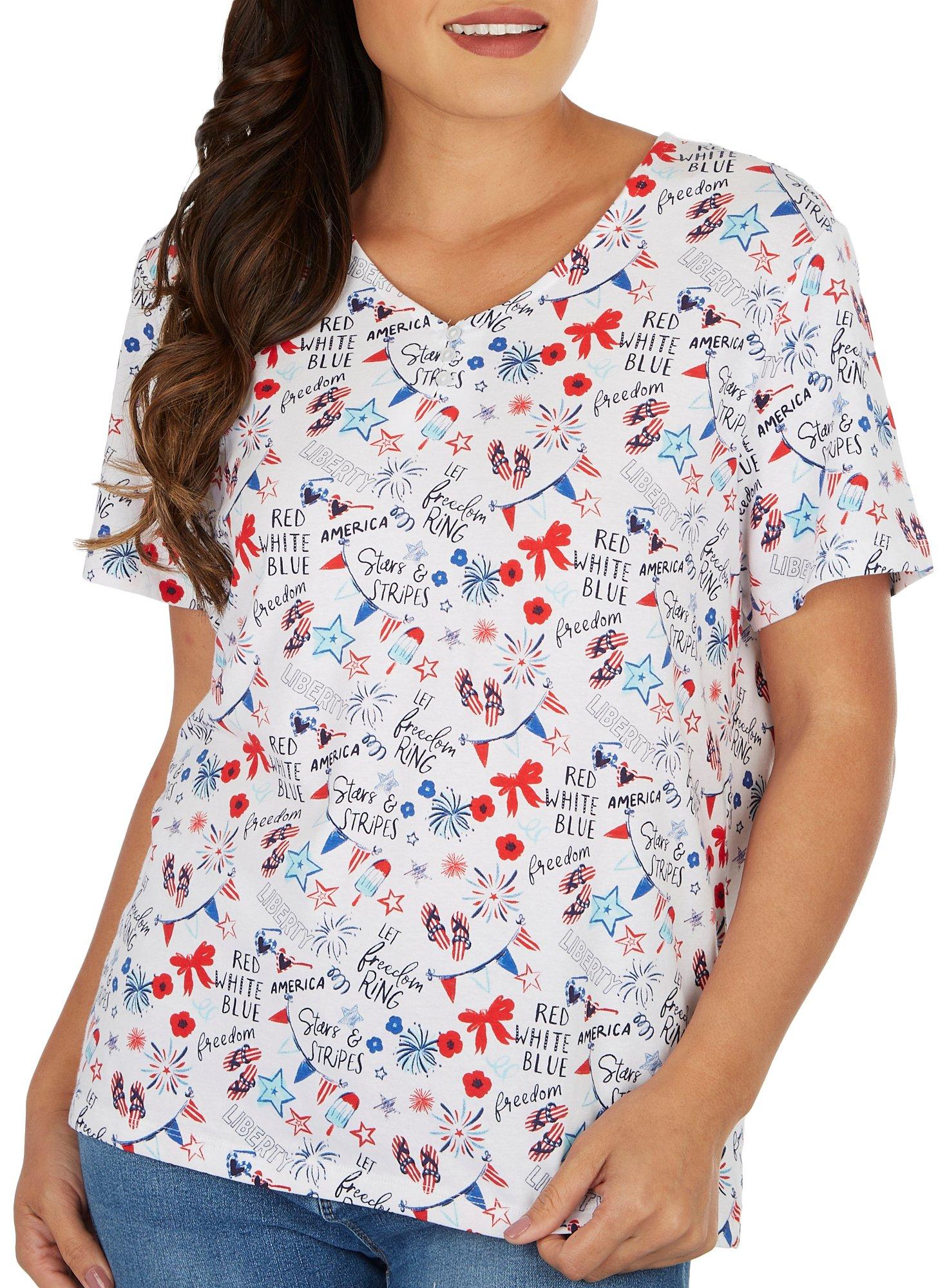 Womens Fun American Celebration Print Short Sleeve Top