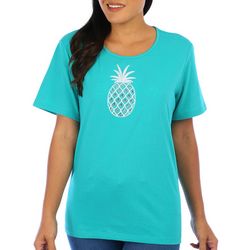 Coral Bay Womens Solid Embroidered Pineapple Tee