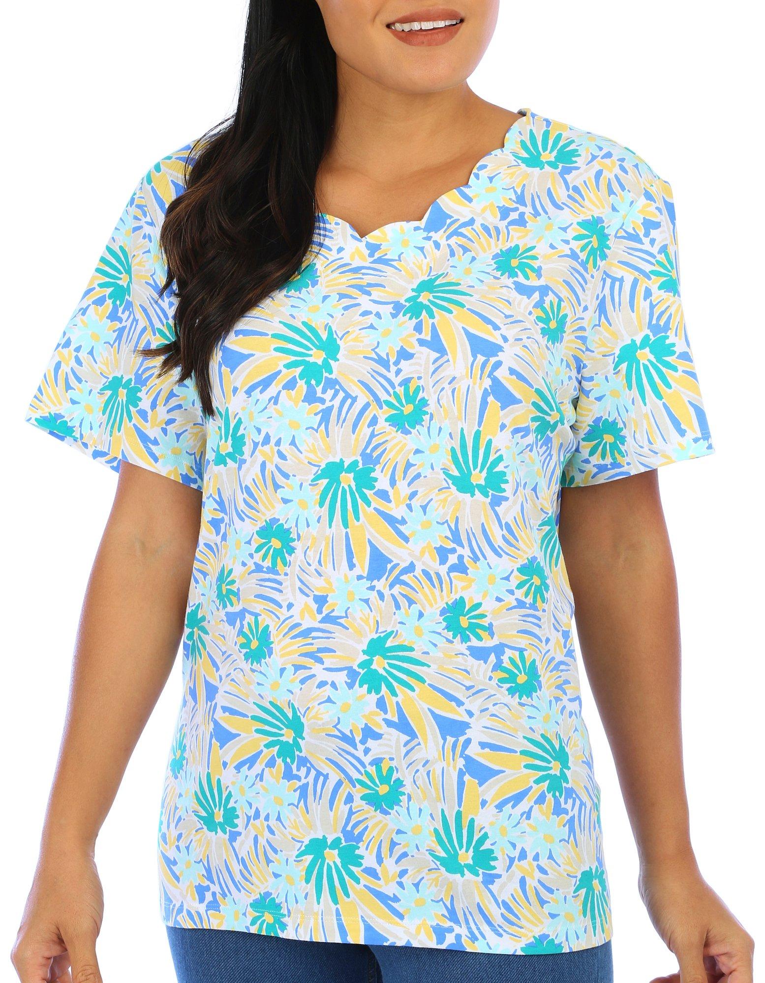 Coral Bay Petite Tropical Scallop Neck Short Sleeve Top