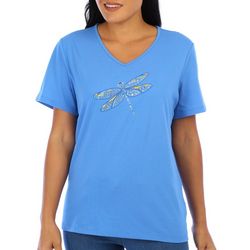 Coral Bay Womens Solid V-Neck Dragonfly Tee